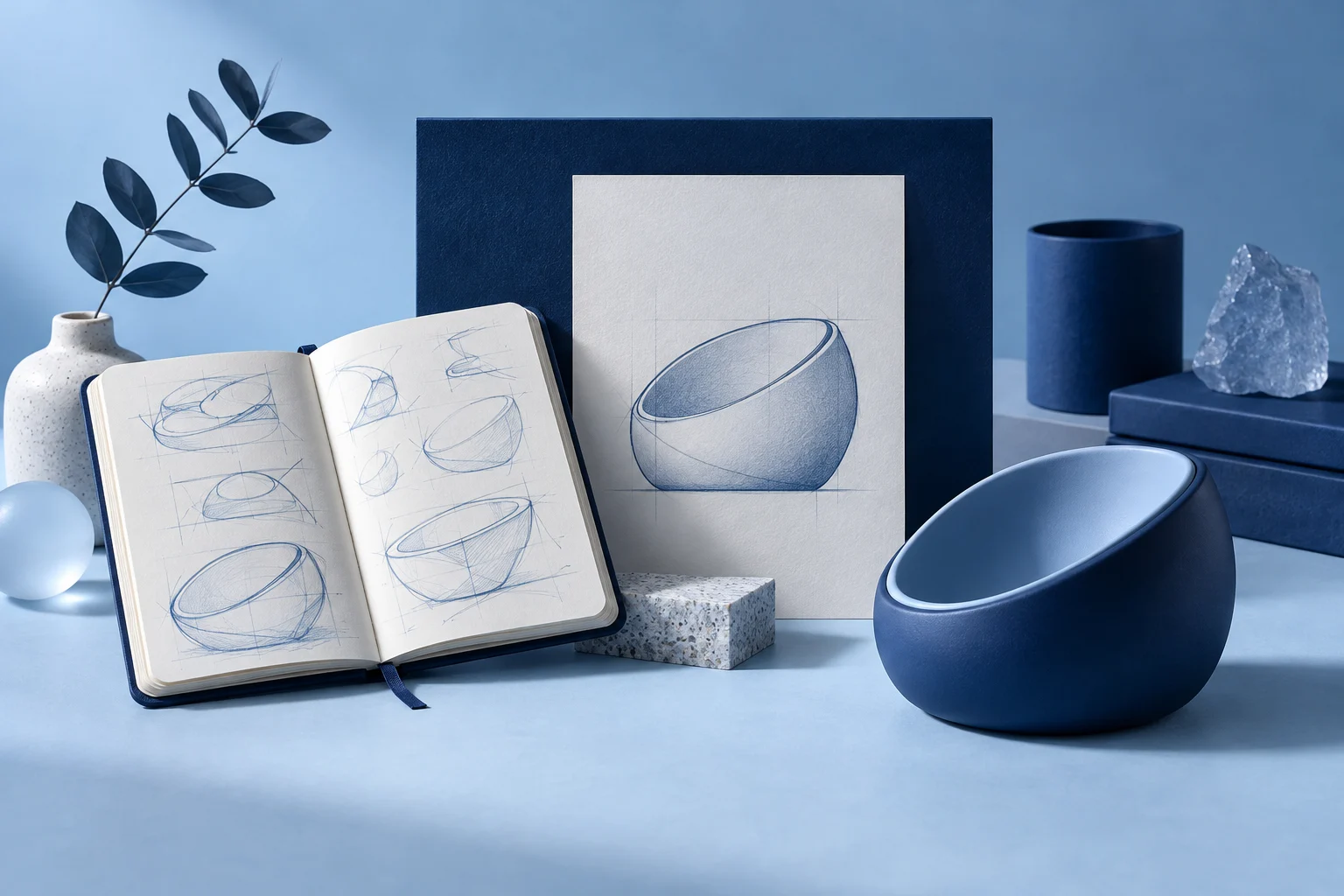 A founder's early sketch notebook, one pivotal design decision and the current useful product object arranged as a modest origin story without a heroic person.