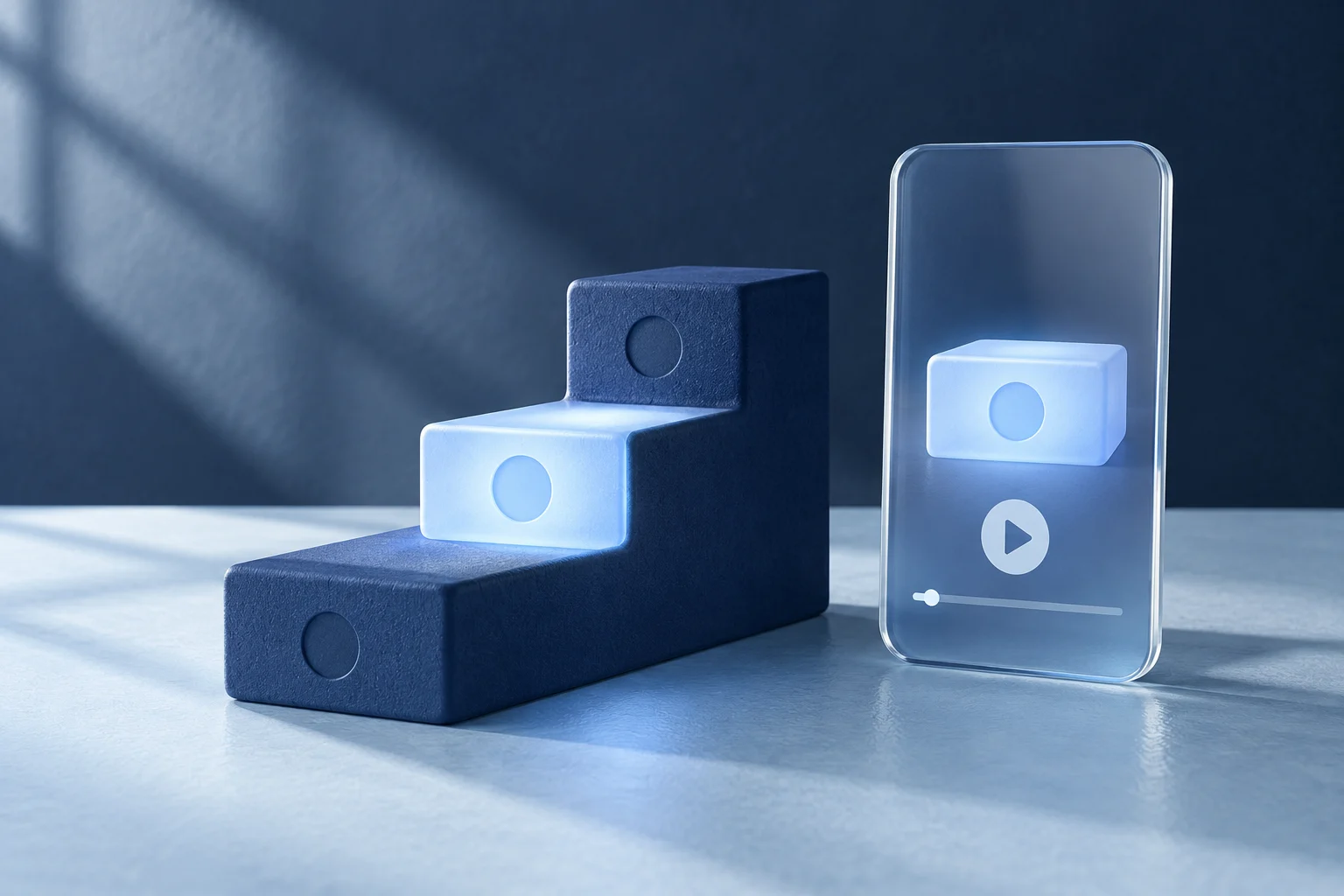 A single illuminated step in a small staircase of product actions, beside a portrait video frame showing that step; no UI screenshots or words.