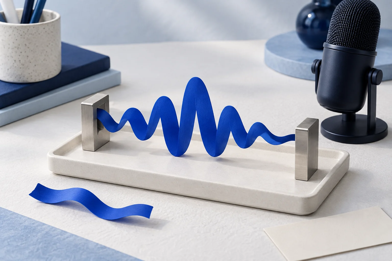 A complete blue wave-shaped ribbon sits between metal brackets beside a microphone; a loose fragment rests outside the tray.