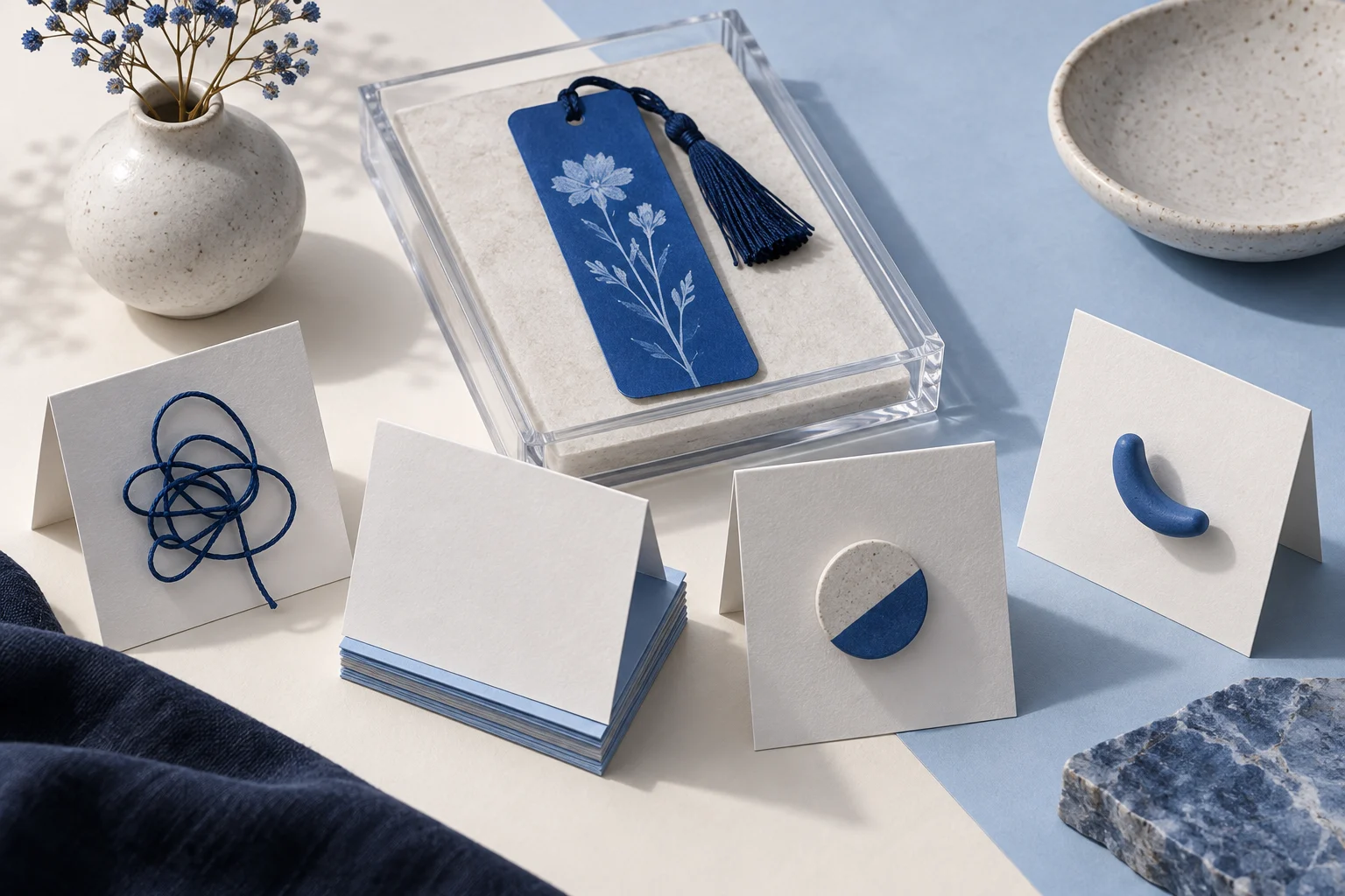 Four unlabelled opening cue cards surround a blue bookmark in a clear tray.