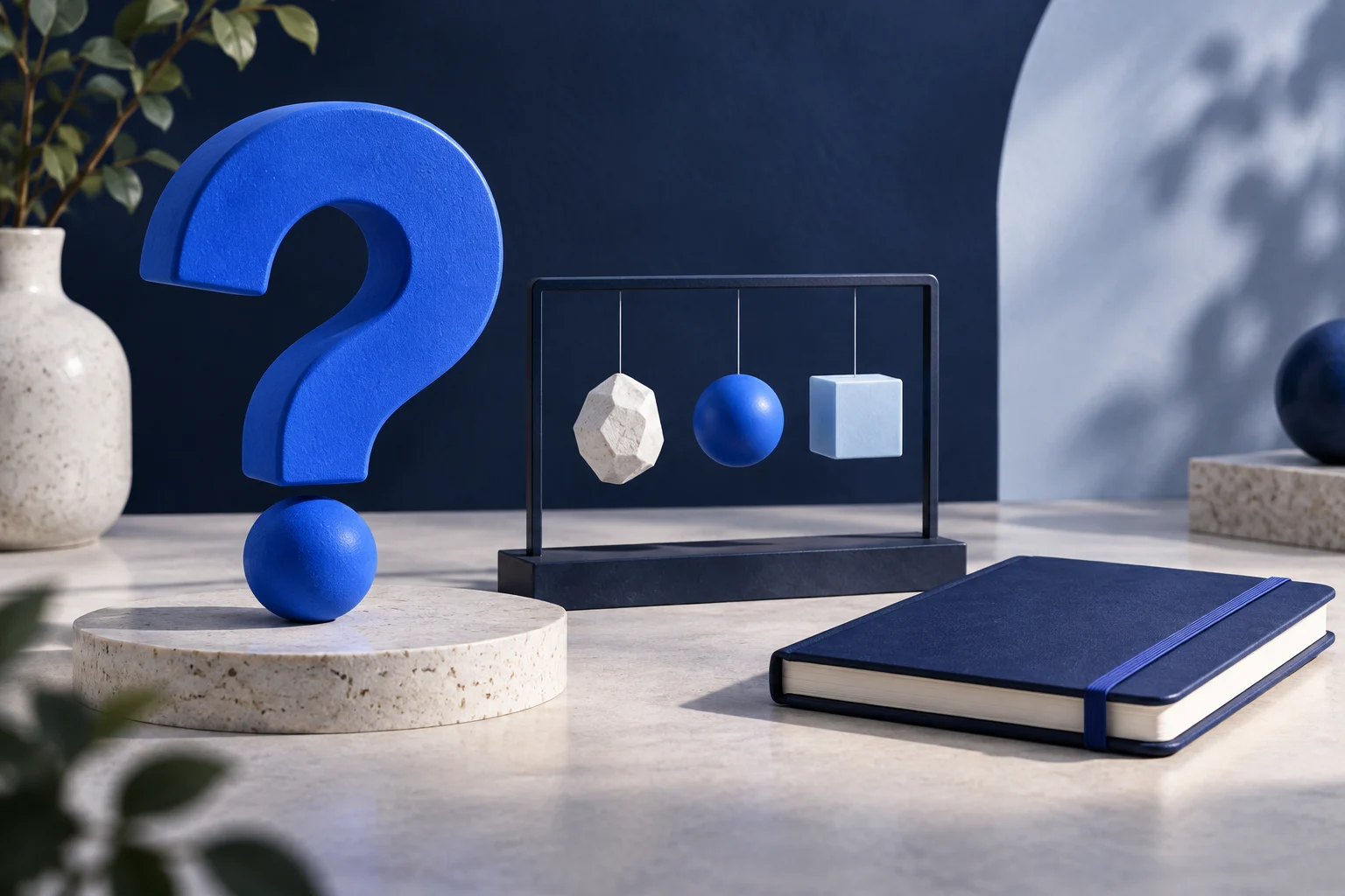 One large question-mark shaped cobalt object beside a simple demonstration frame and a closed notebook; a complete answer in a calm tactile studio scene.