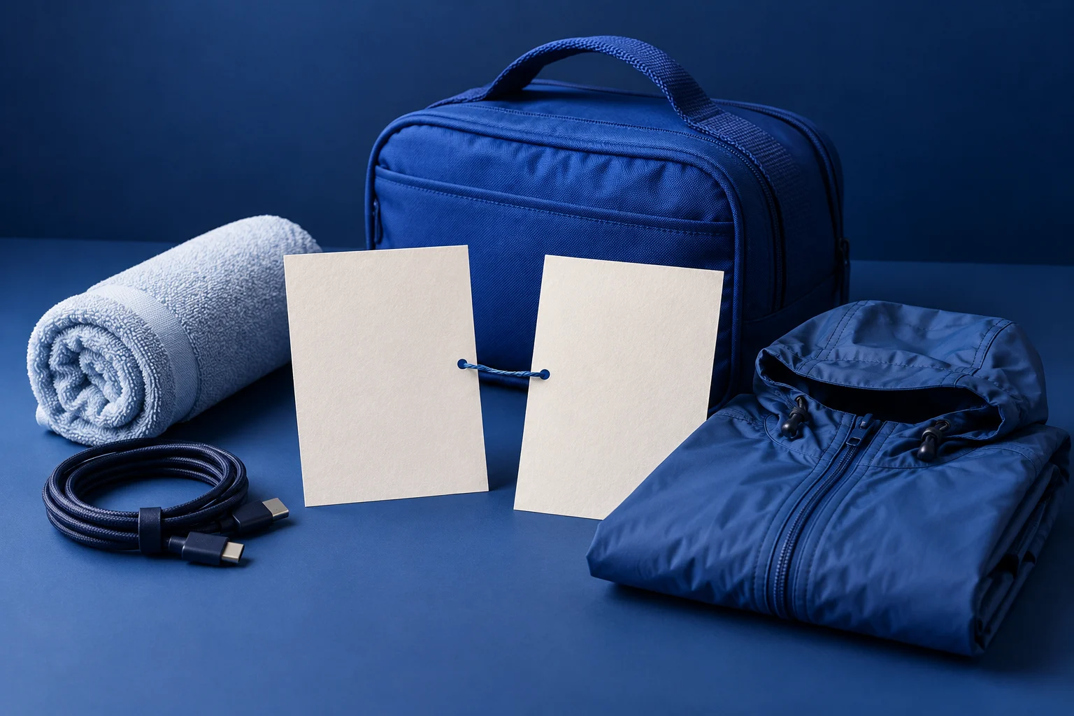 Two blank cards connected by a blue thread sit beside a travel bag, towel, rain jacket, and charger cable.
