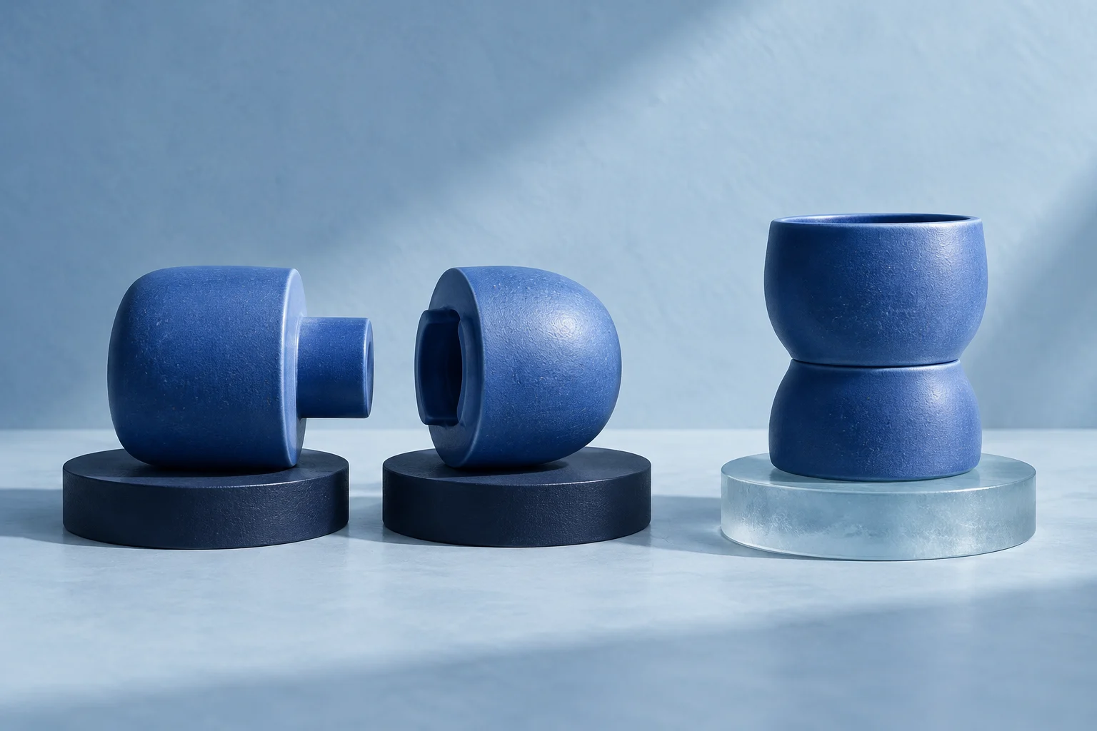Two different matte blue plug-like product objects fitting together and producing a clear result on a third platform; practical physical integration metaphor.