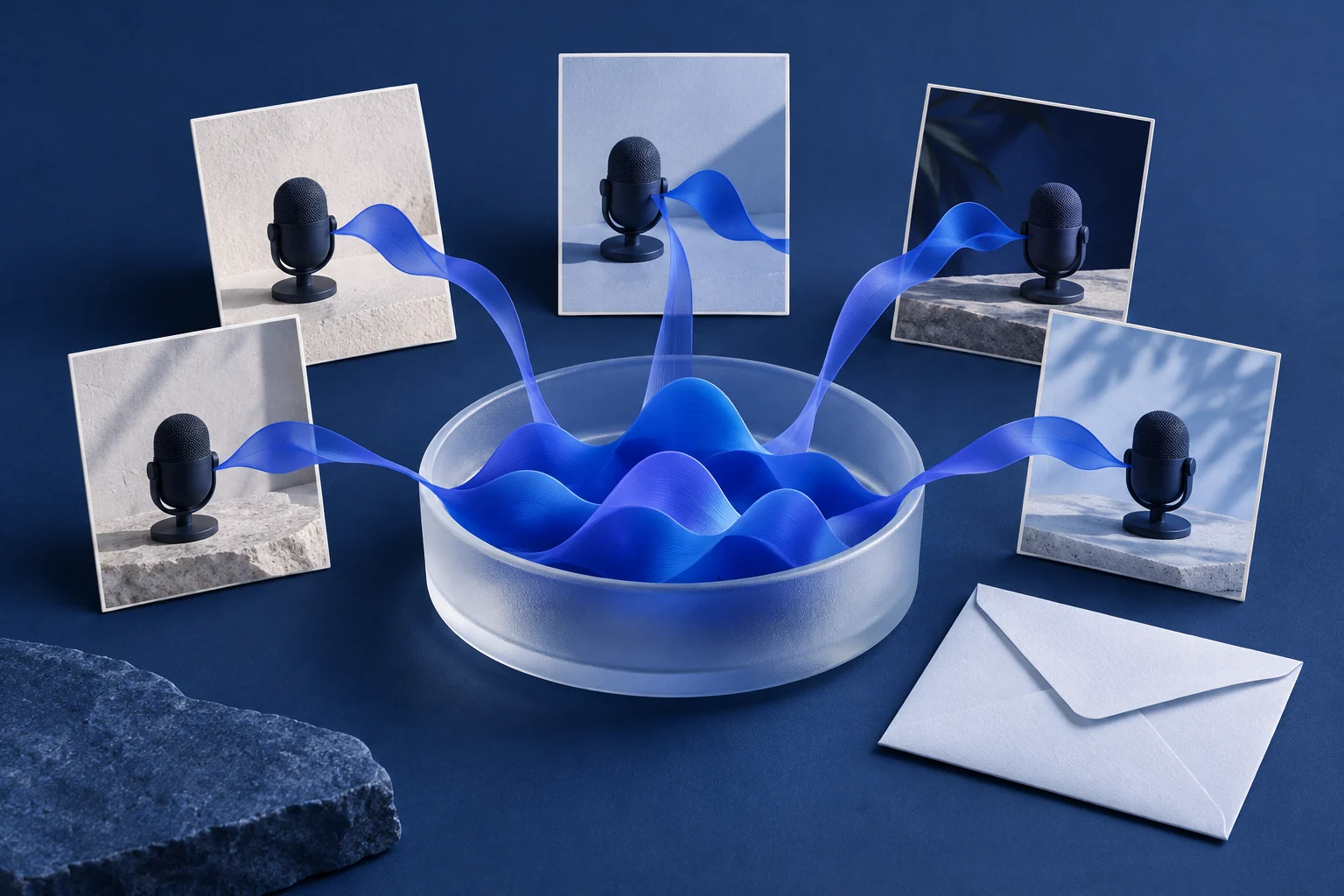 Five microphone picture cards feed cobalt ribbons into a translucent tray beside a blank envelope.