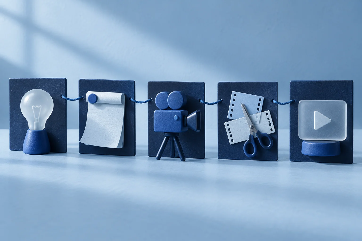 A row of distinct tutorial frames with subtle physical dependency threads, each frame containing one different action object, not a repeated screen.