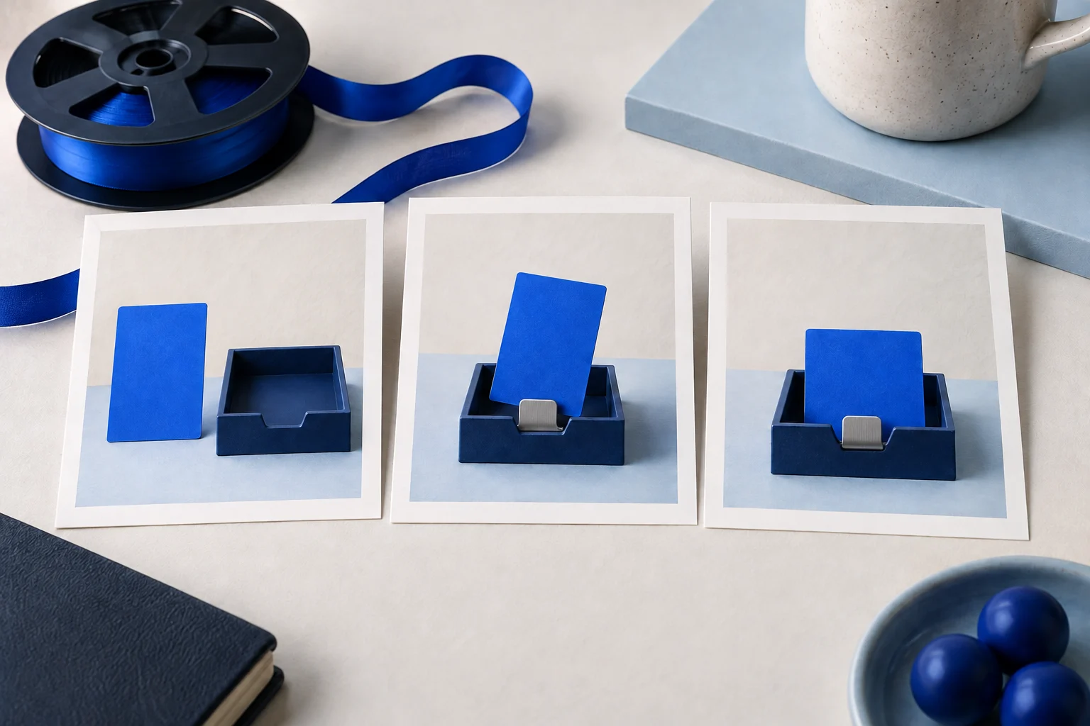 Three prints show a blue card beside, entering and resting inside a tray, next to a recording reel.