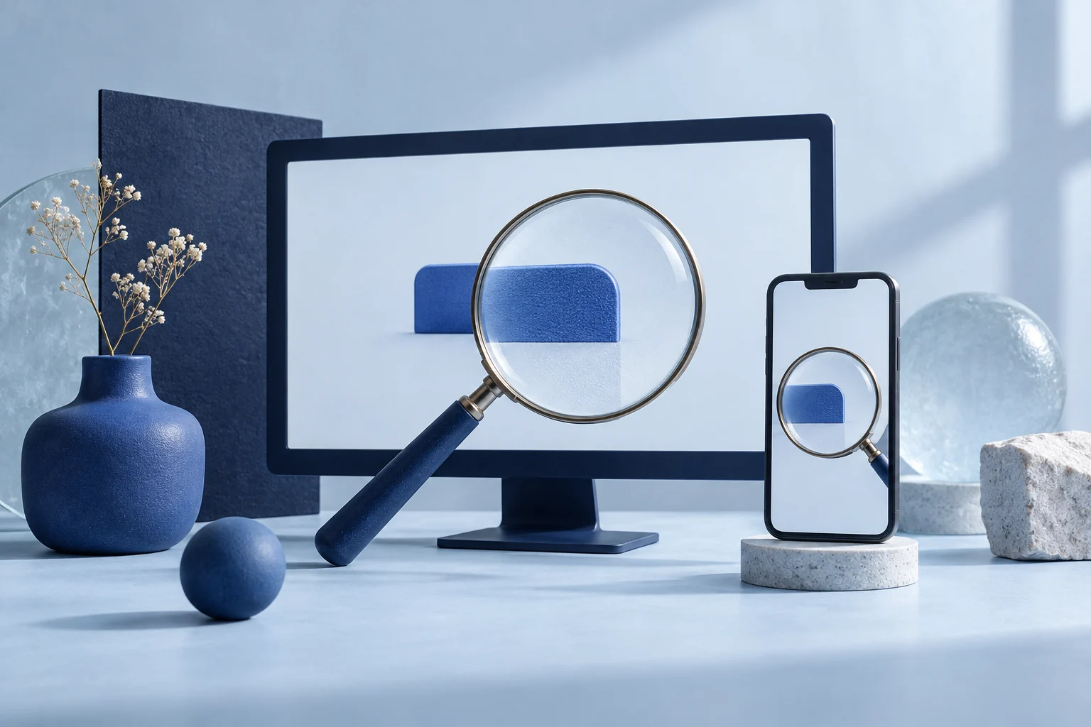 A desktop monitor and a small portrait phone viewing the same tiny interface detail through a physical magnifying lens; abstract UI only, no real product.