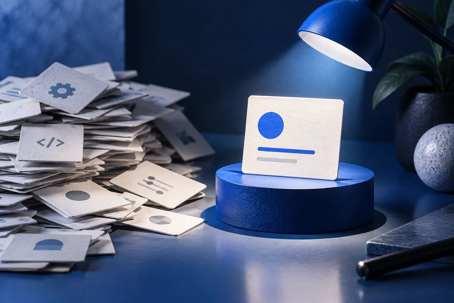 A dense stack of small technical-change cards being selected into one clean product-announcement frame; one physical blue spotlight picks the important change.