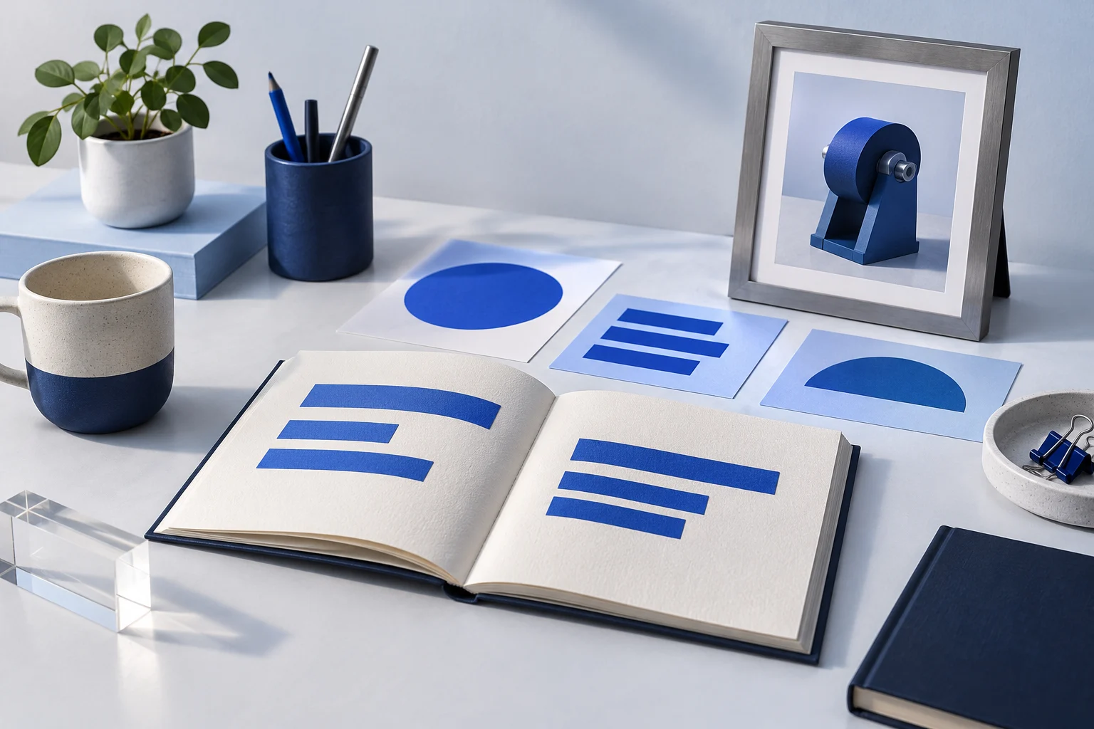 A product blog booklet with selected claim passages as abstract blue bars, separated into explanation prints and one real-photo reference frame; prose not depicted as footage.