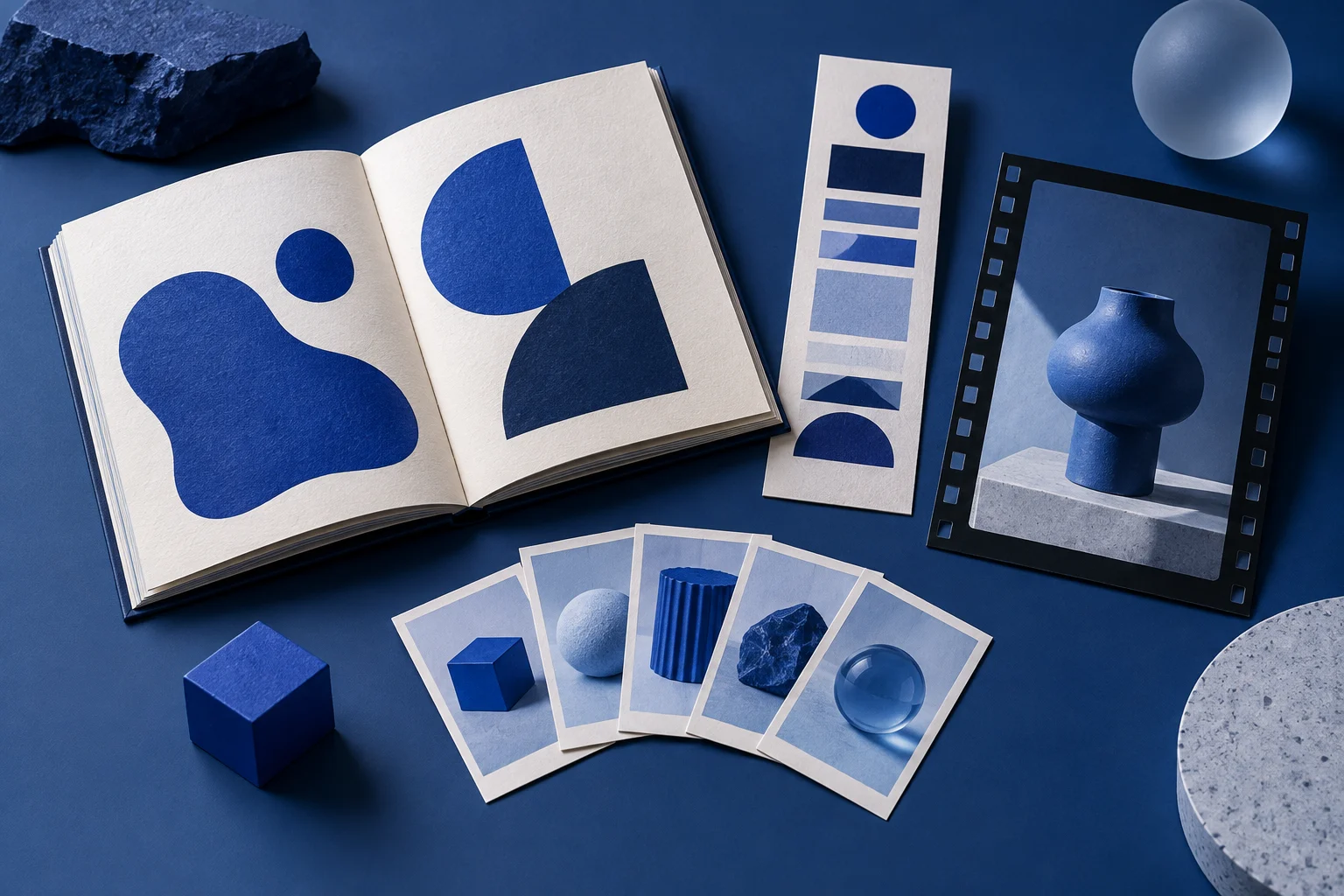 An open booklet, an abstract text strip, five picture cards, and a portrait film frame arranged on a navy surface.
