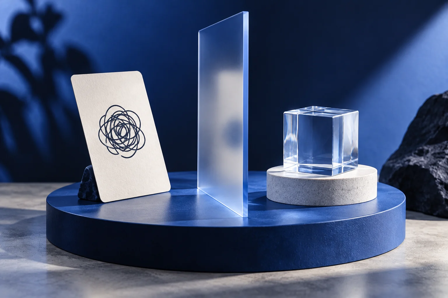 One customer-objection card facing a clear evidence object on a small demo stage; a translucent screen separates assumption from visible proof.