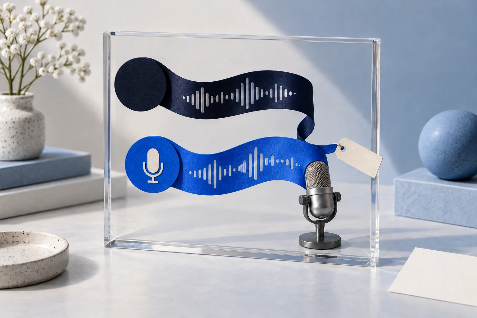Two audio ribbons share a clear display beside a microphone, with a blank tab attached to the lower ribbon.