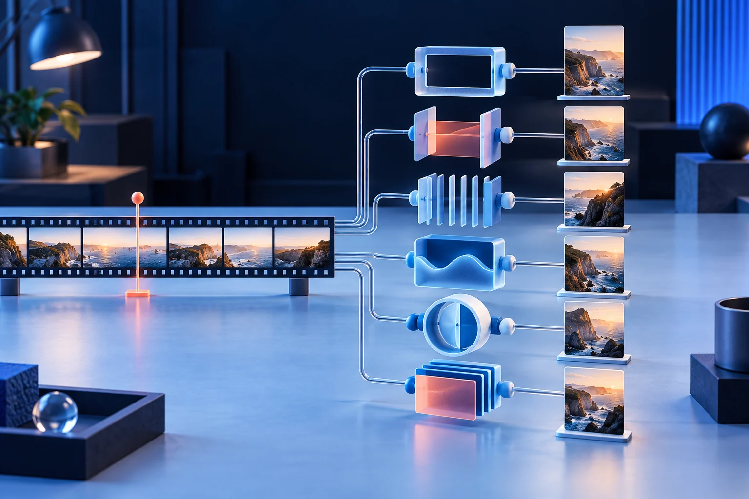 A shared film strip passing through several neutral clipping instruments into comparable vertical outputs.