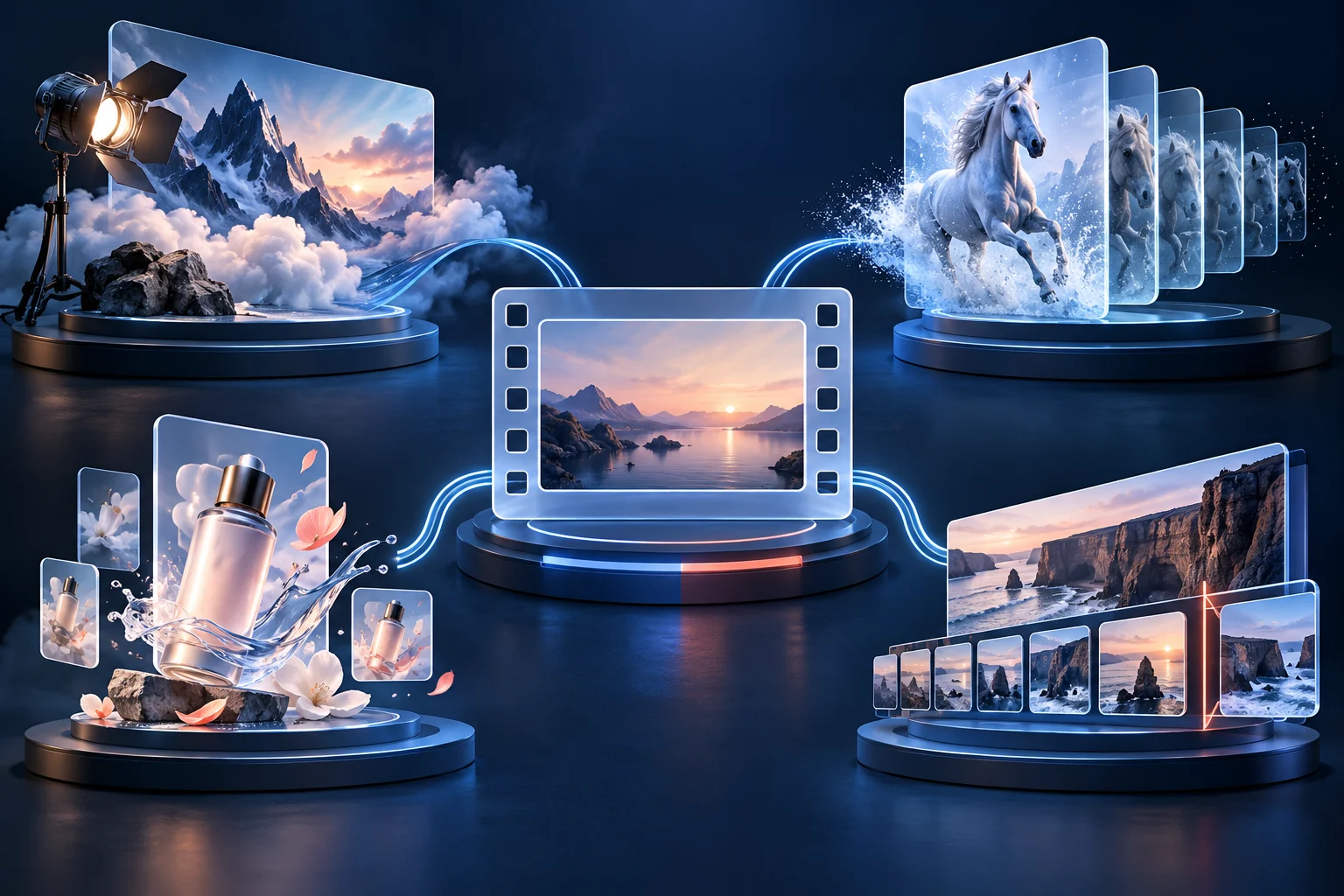 Four neutral AI video generation categories arranged around a central film frame.