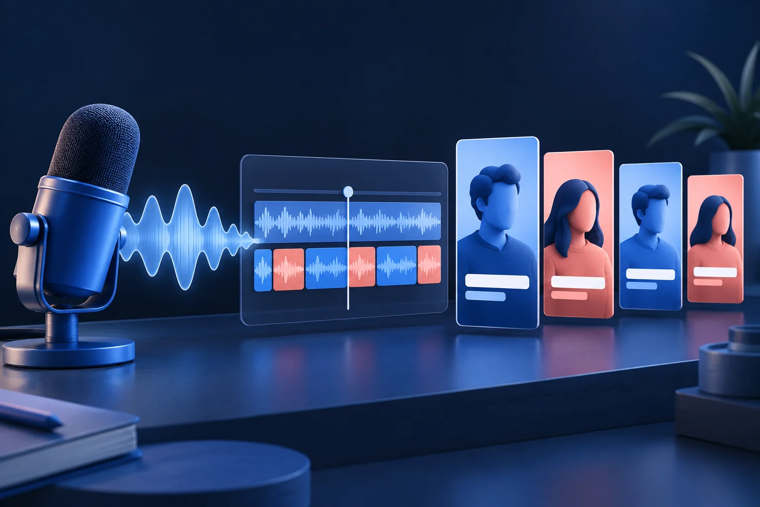 A studio microphone and audio waveform becoming several vertical speaker-aware clip cards.