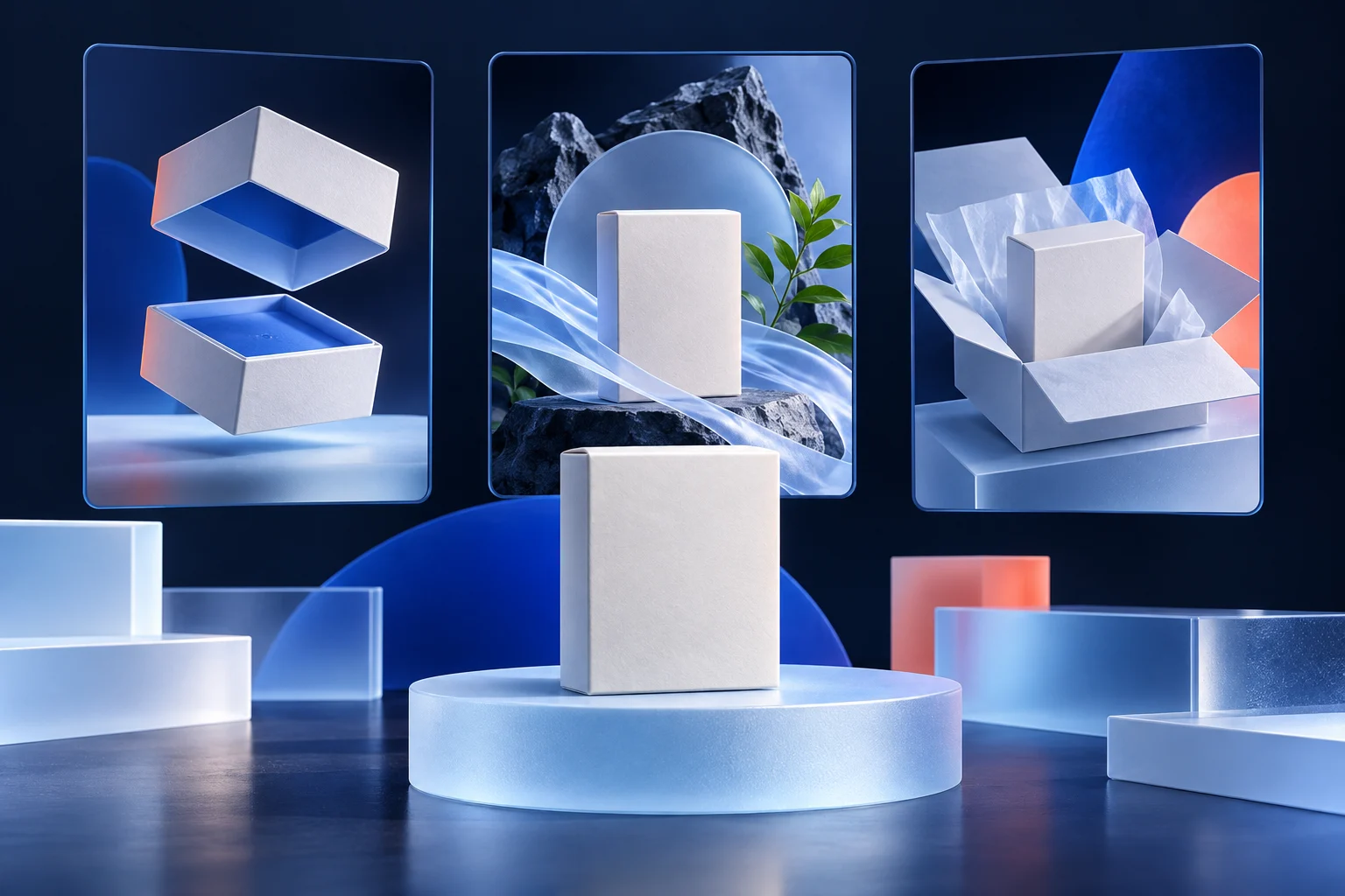 An unbranded product package presented through demonstration, benefit and unboxing storyboard frames.