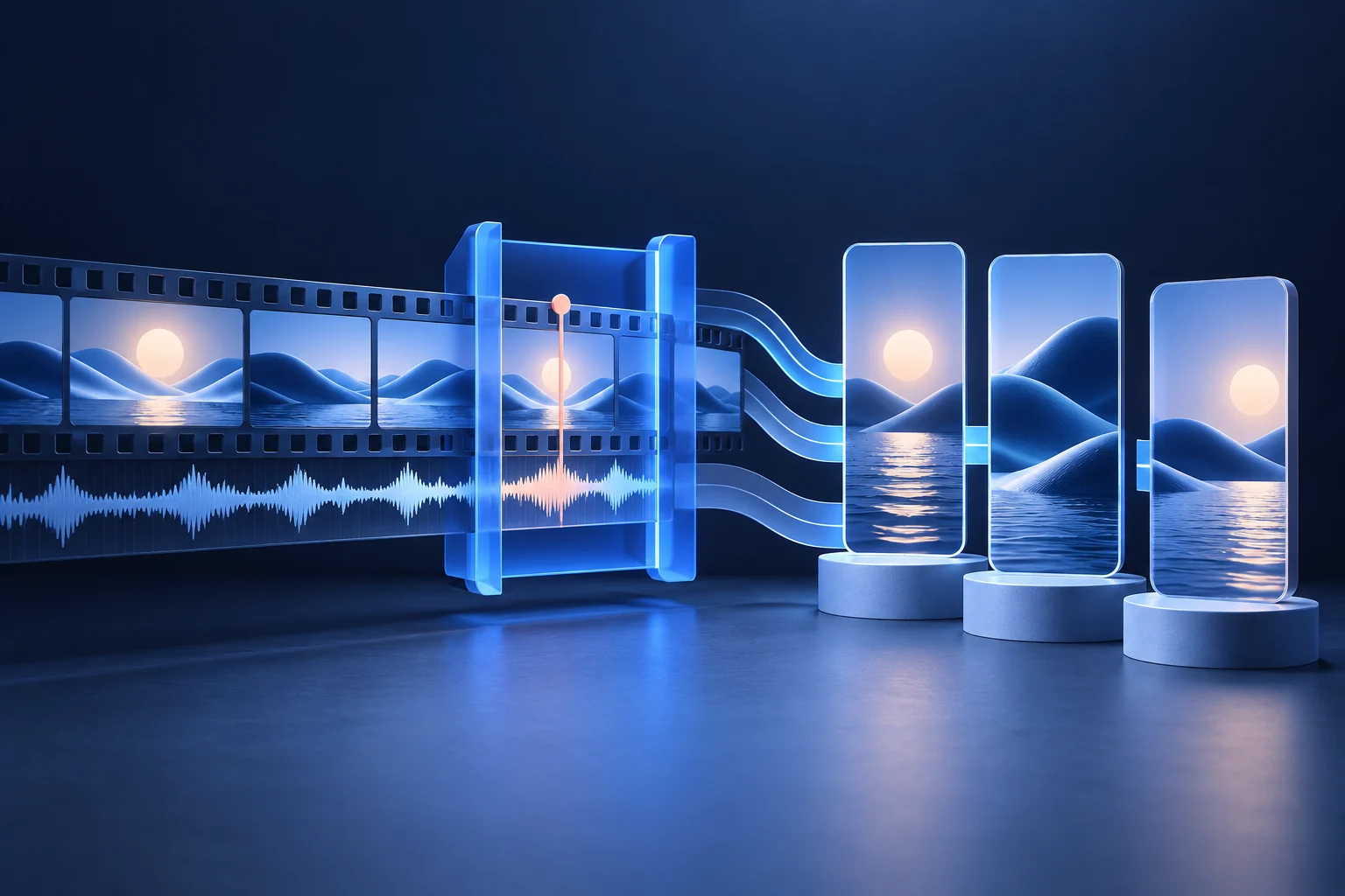 A long film strip and audio waveform passing through a selection gate into three vertical short-video frames.