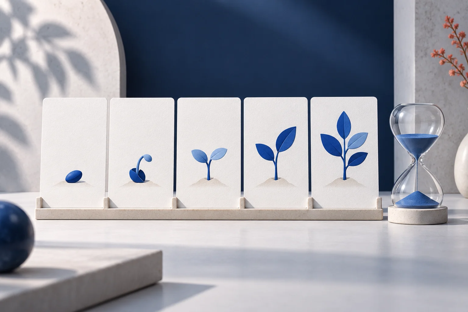 A sequence of cobalt and white illustrated cards on a physical rail beside a small timing device.