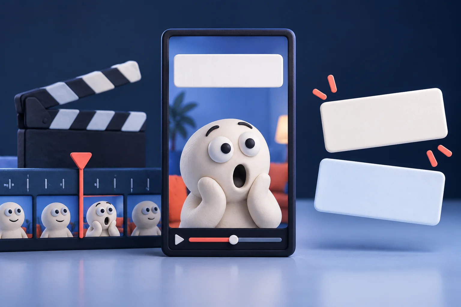 A clay reaction character in a vertical video frame beside blank caption cards and timing markers.