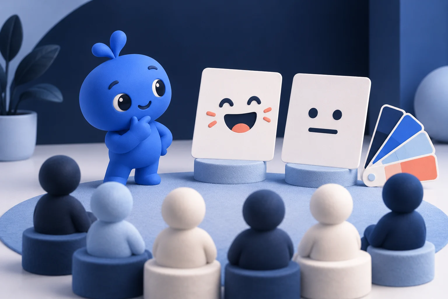 An abstract cobalt mascot reviews two reaction cards and brand-colour swatches in front of a small clay audience.