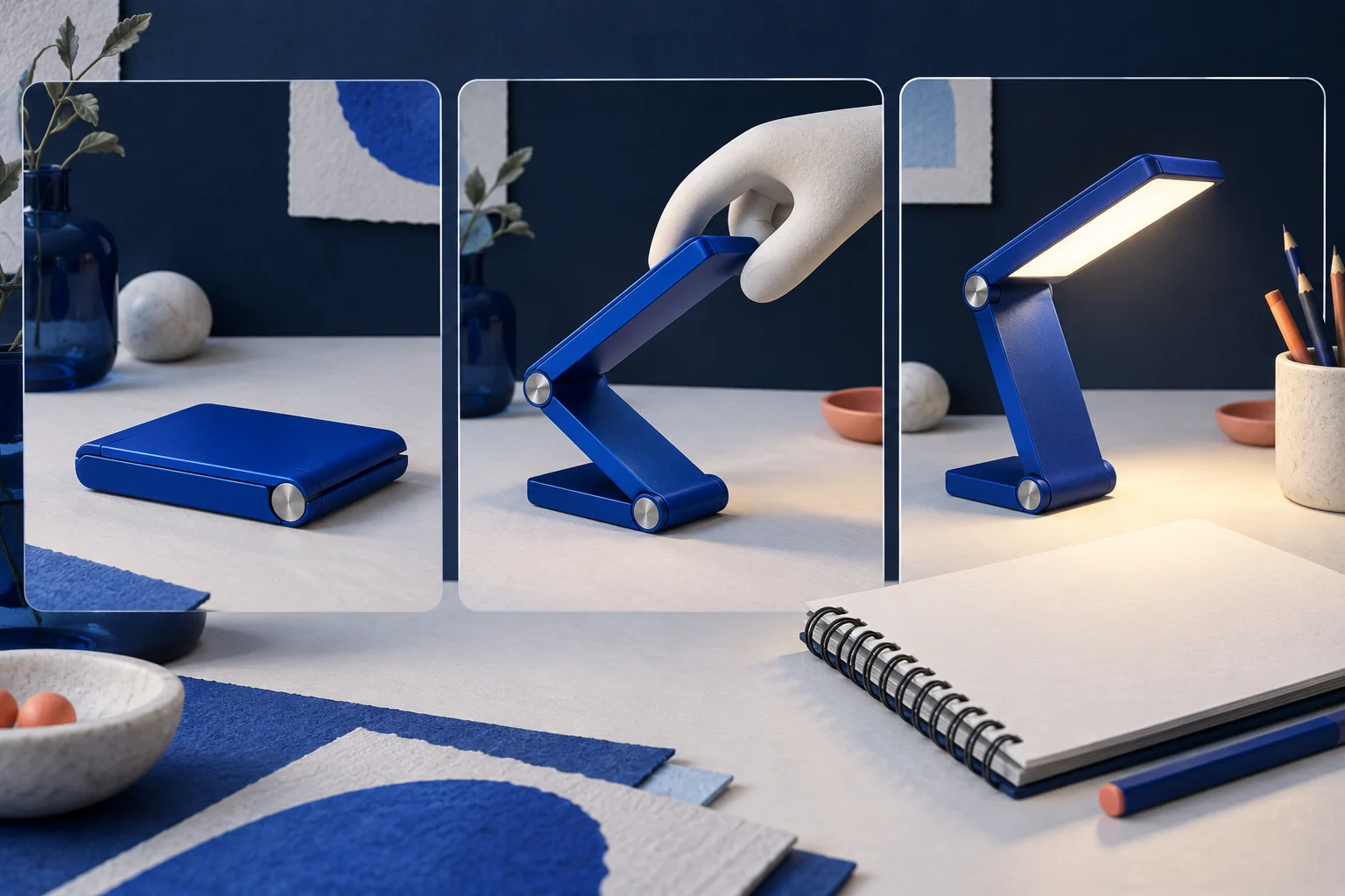 A storyboard shows an unbranded folding lamp before, during and after an action beside a blank script notebook.