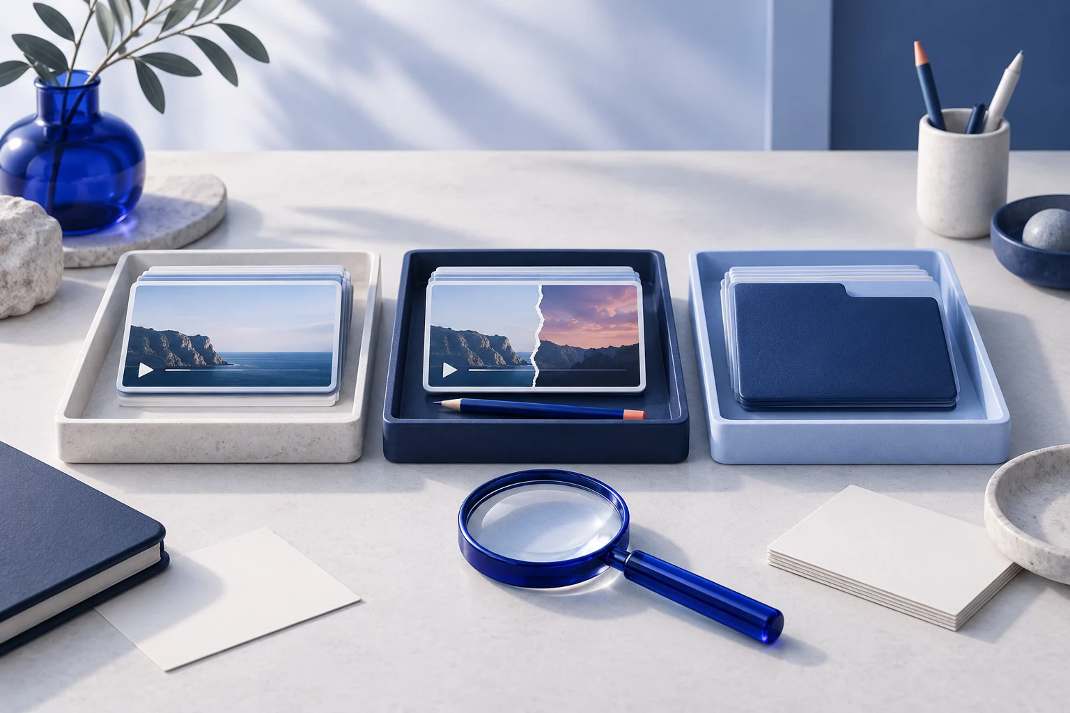 Video cards arranged into separate review trays with a magnifying glass and blank audit notes.