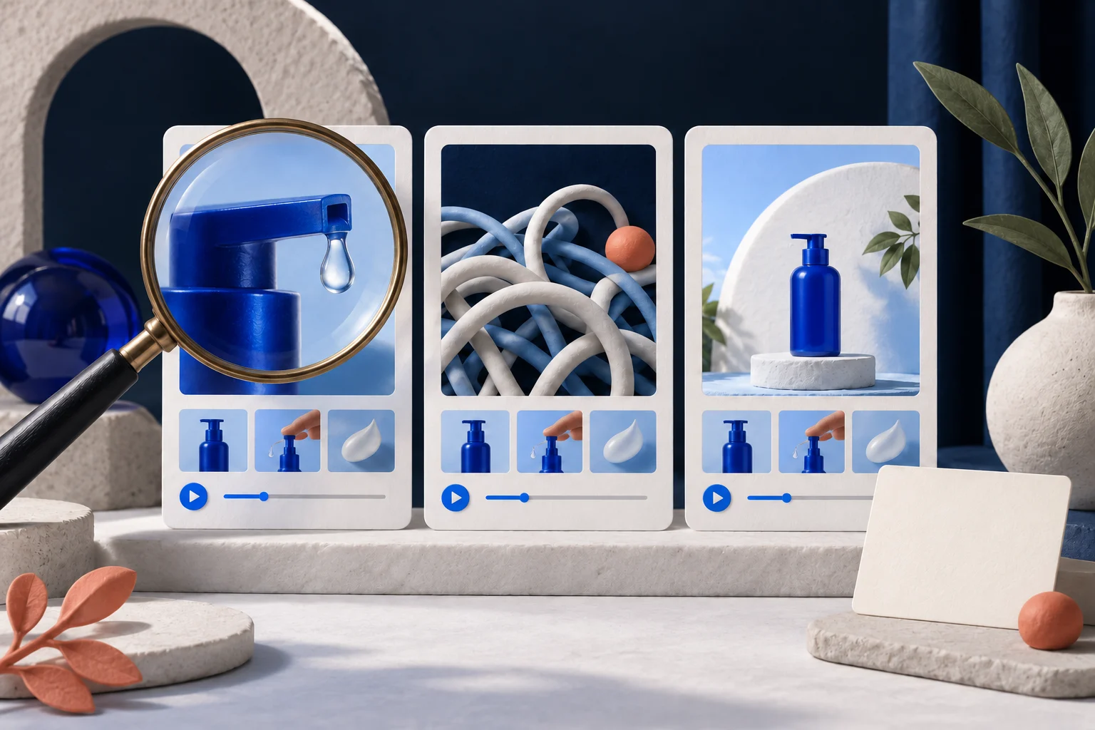 Three storyboard cards share a product demonstration and use different first images, with a magnifying glass inspecting an opener.