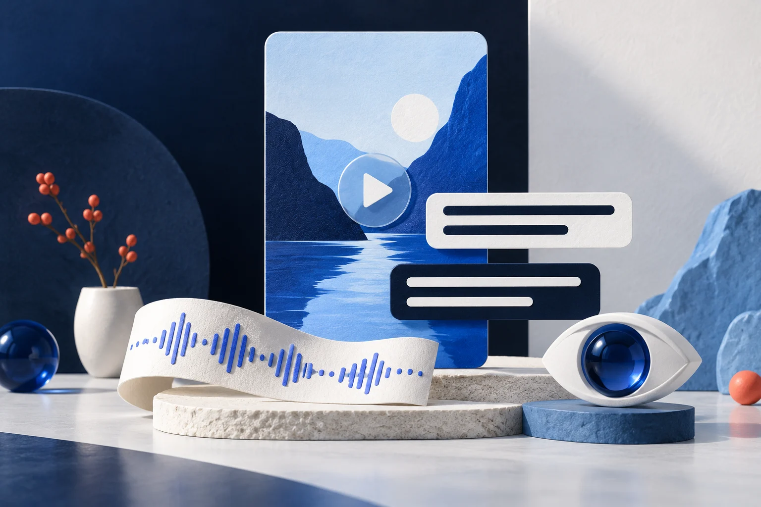 A conceptual video frame with contrasting caption bands, a physical audio waveform and an eye-shaped viewing lens.