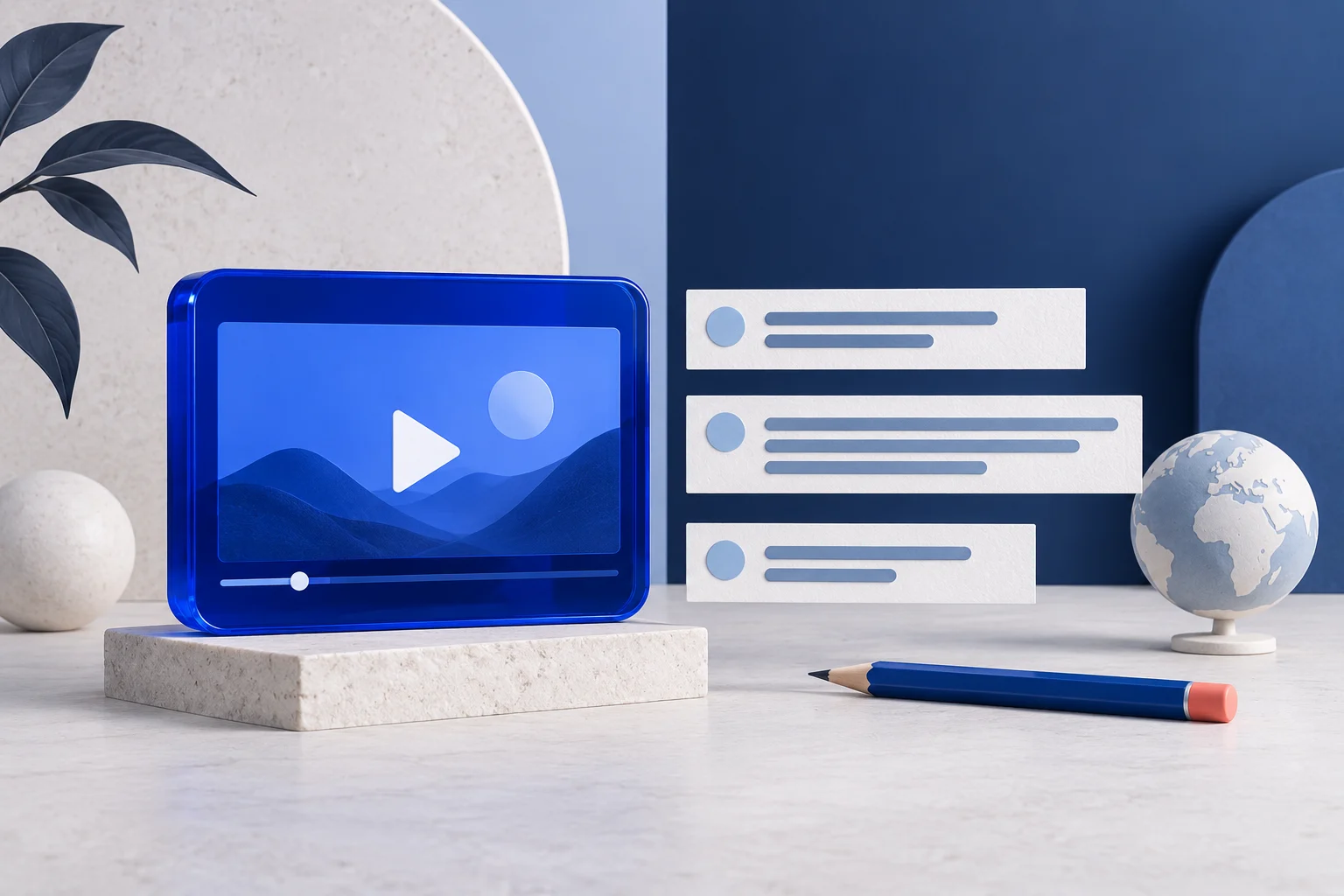 Three physical caption lanes with different text-block lengths beside a review pencil and one consistent cobalt video frame.