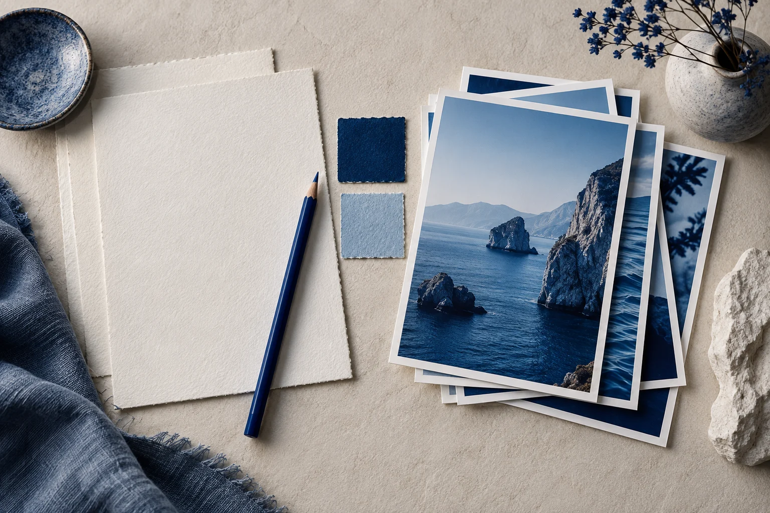 Blank design sheets, a blue pencil and color swatches beside a stack of finished blue prints.