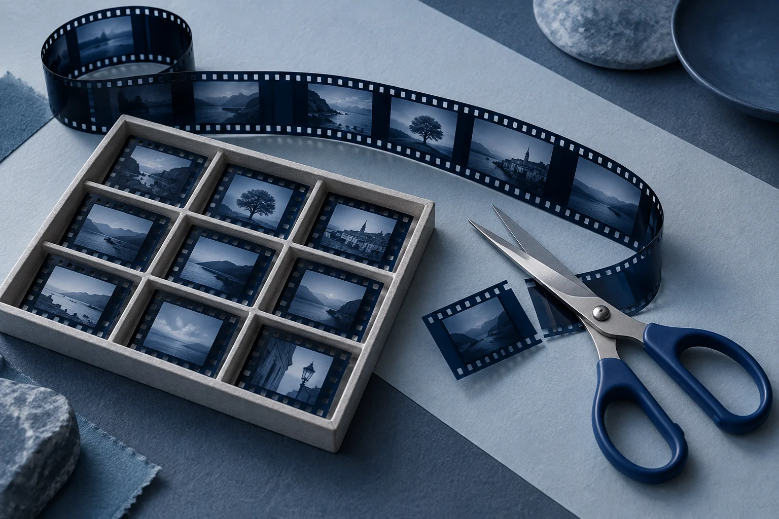 A film strip and selected frames beside precise editing scissors with blue handles.