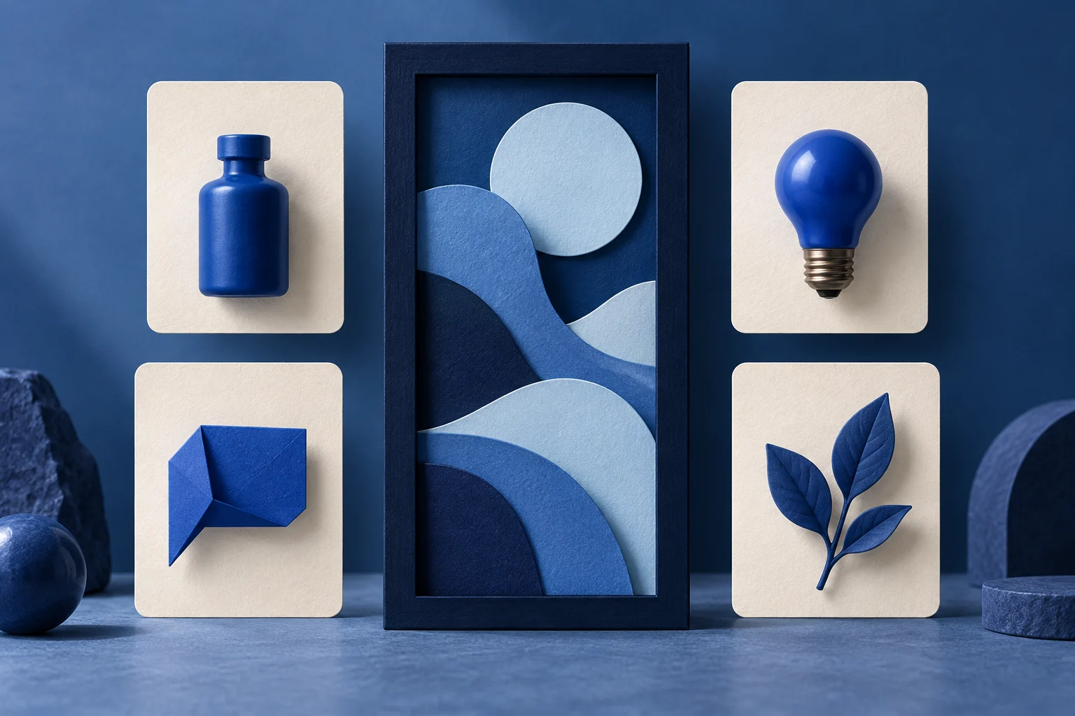 Four blank prompt cards with different objects arranged around a vertical blue frame.