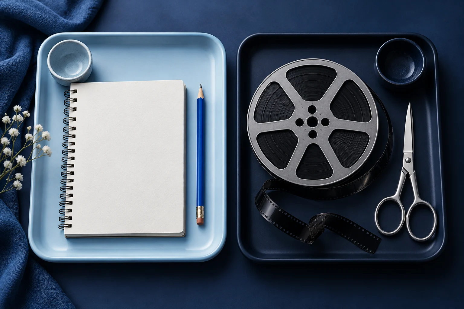 An idea notebook and a film reel on separate trays, representing creation and editing.