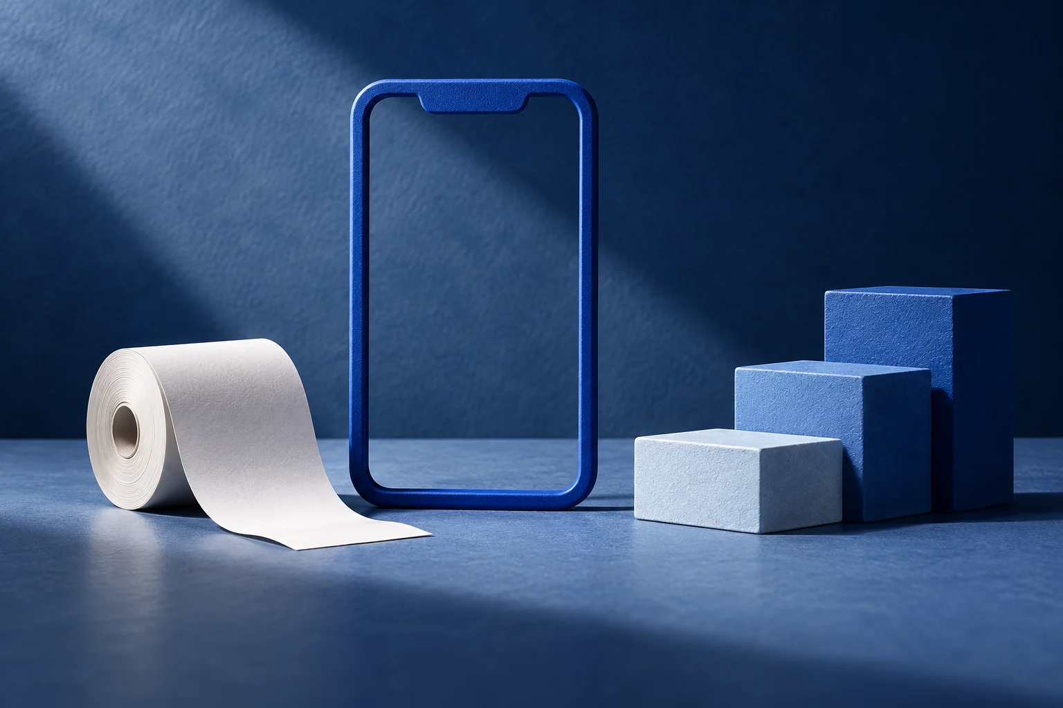 An empty blue phone frame beside a blank receipt roll and small blue stepping blocks.