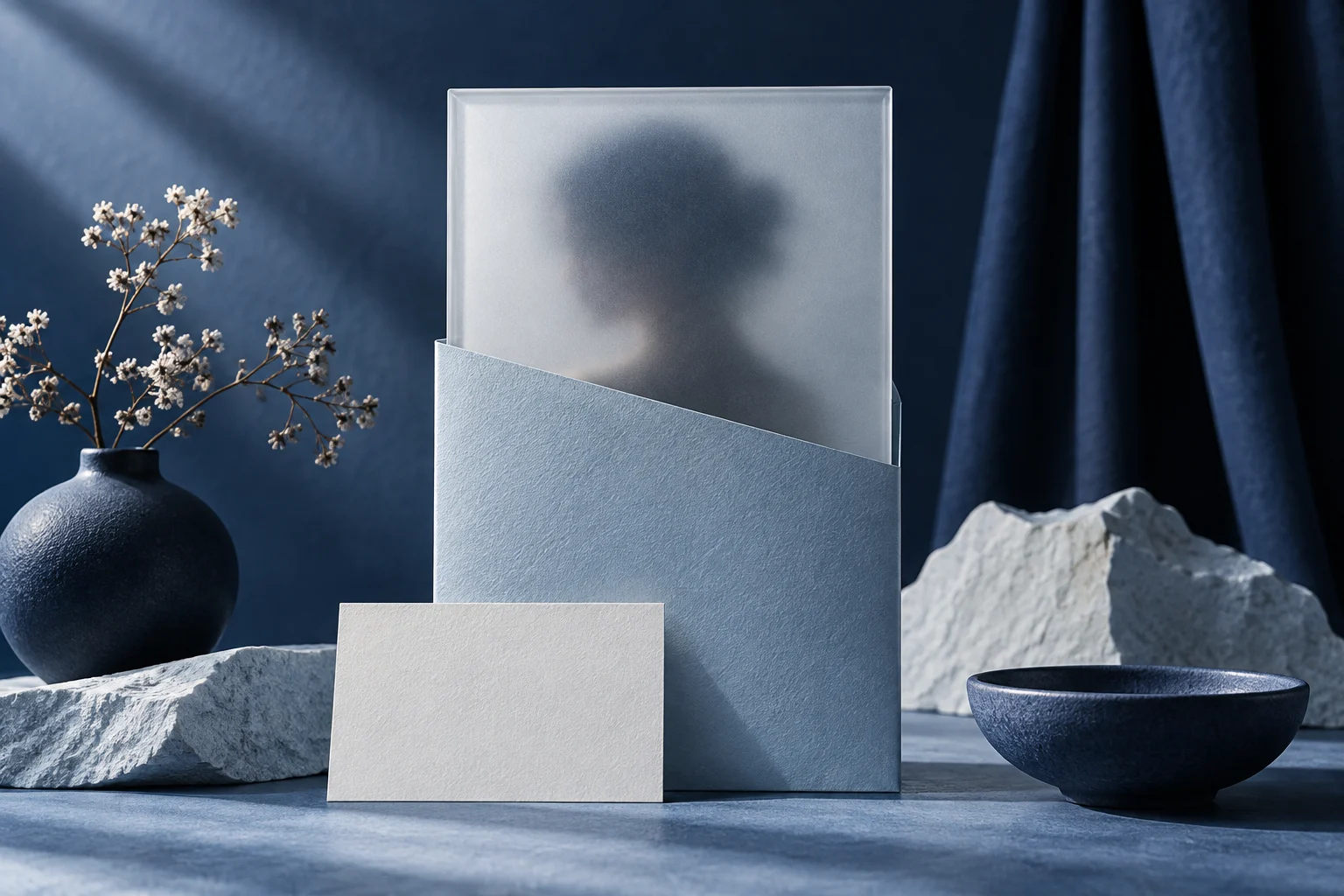 A frosted portrait frame partly hidden by a blue sleeve beside a blank invitation card.