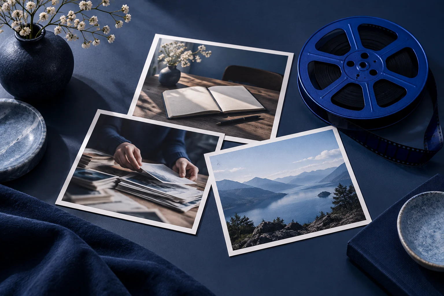 Desk and nature prints beside a film reel, representing background footage for a message.