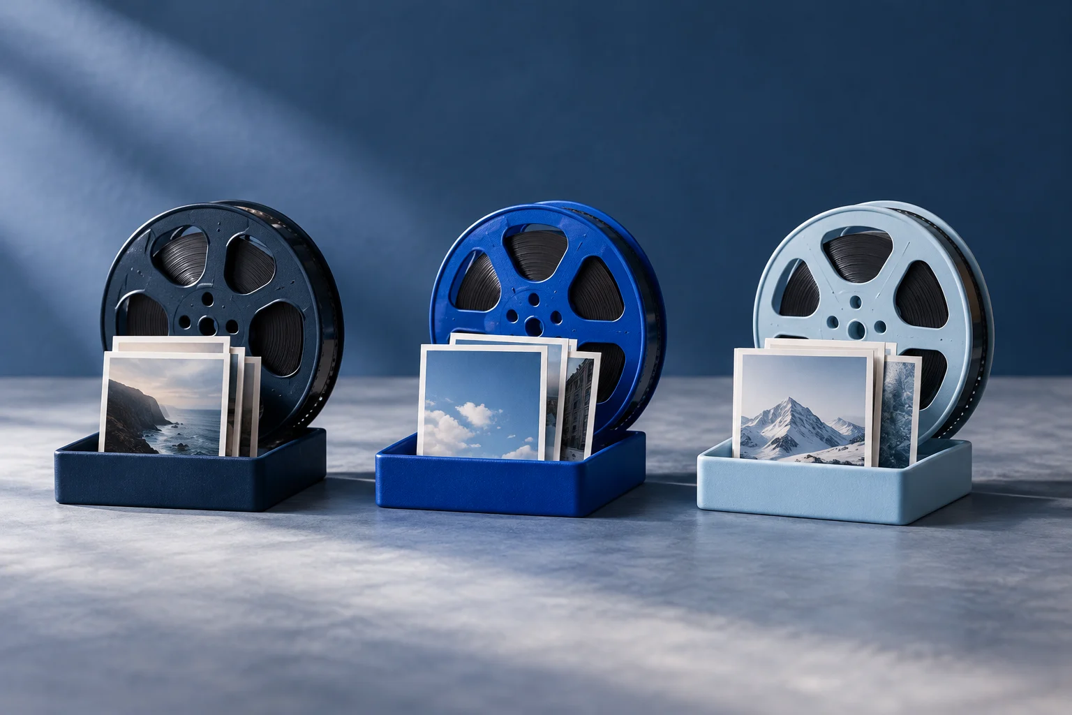 Three film reels in separate blue trays with their own sets of small vertical prints.