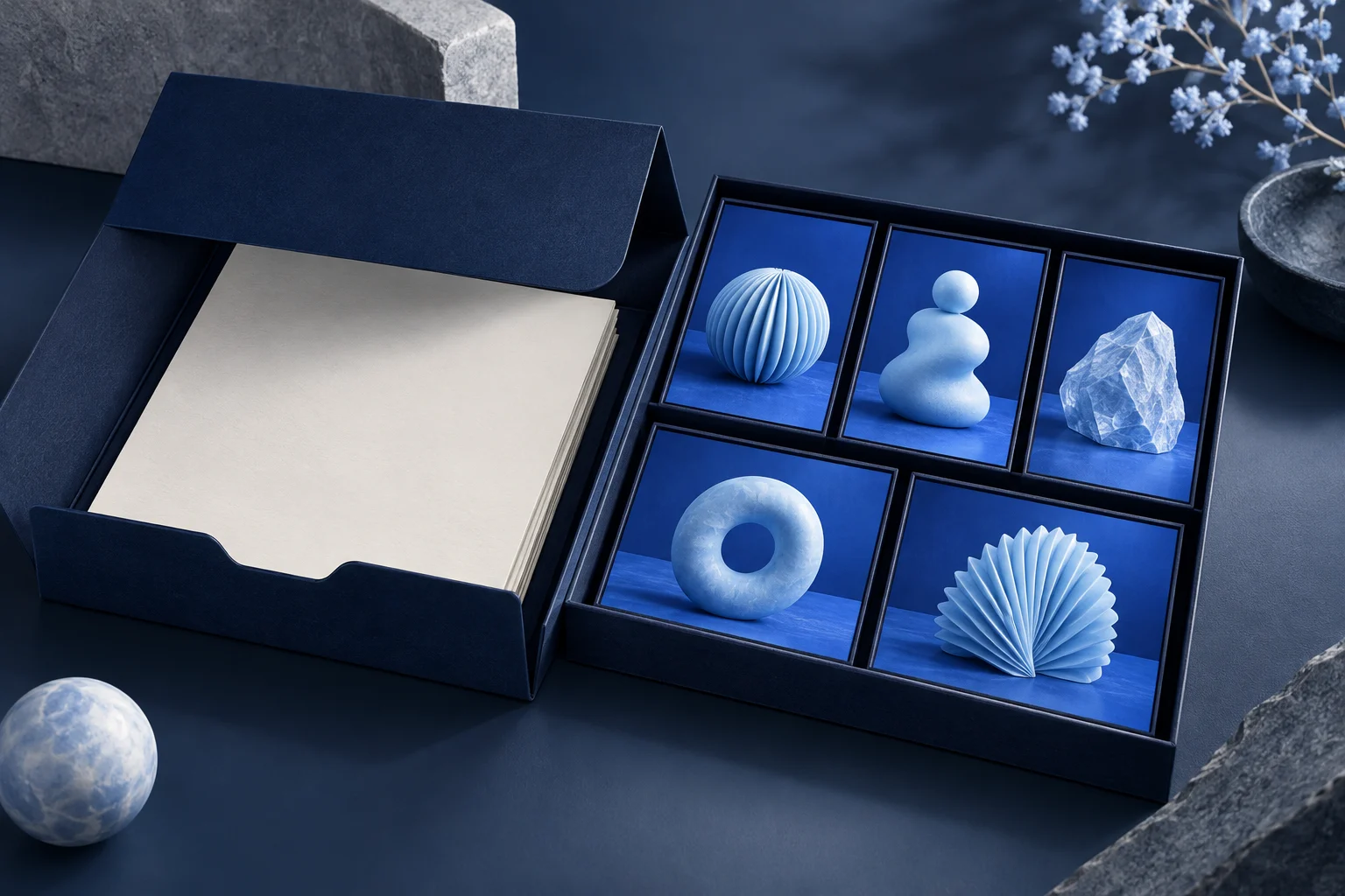 An open source folder beside five distinct blue image frames arranged in a navy tray.