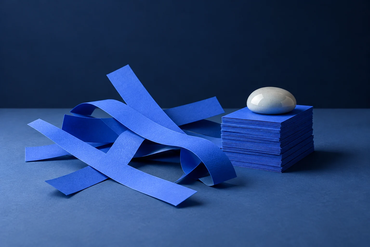 Loose blue paper strips beside an organized stack, representing notes becoming a sequence.