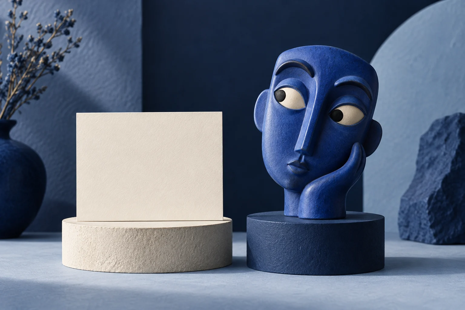 A blank caption card beside an expressive blue ceramic face on separate stands.