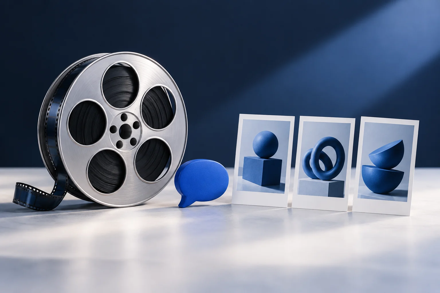 A film reel and cobalt conversation bubble beside three separate vertical prints.