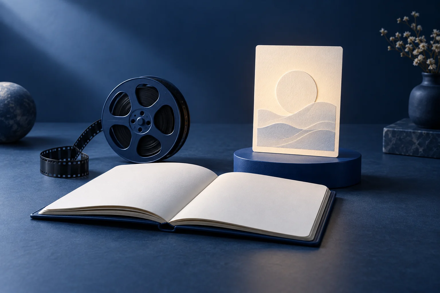 An open notebook and film reel beside one illuminated lesson card on a blue stand.