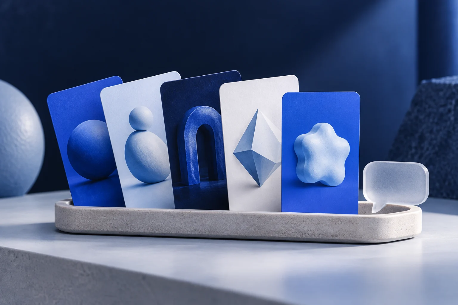 Five blue and cream image cards with distinct sculptural artwork beside a small conversation bubble.
