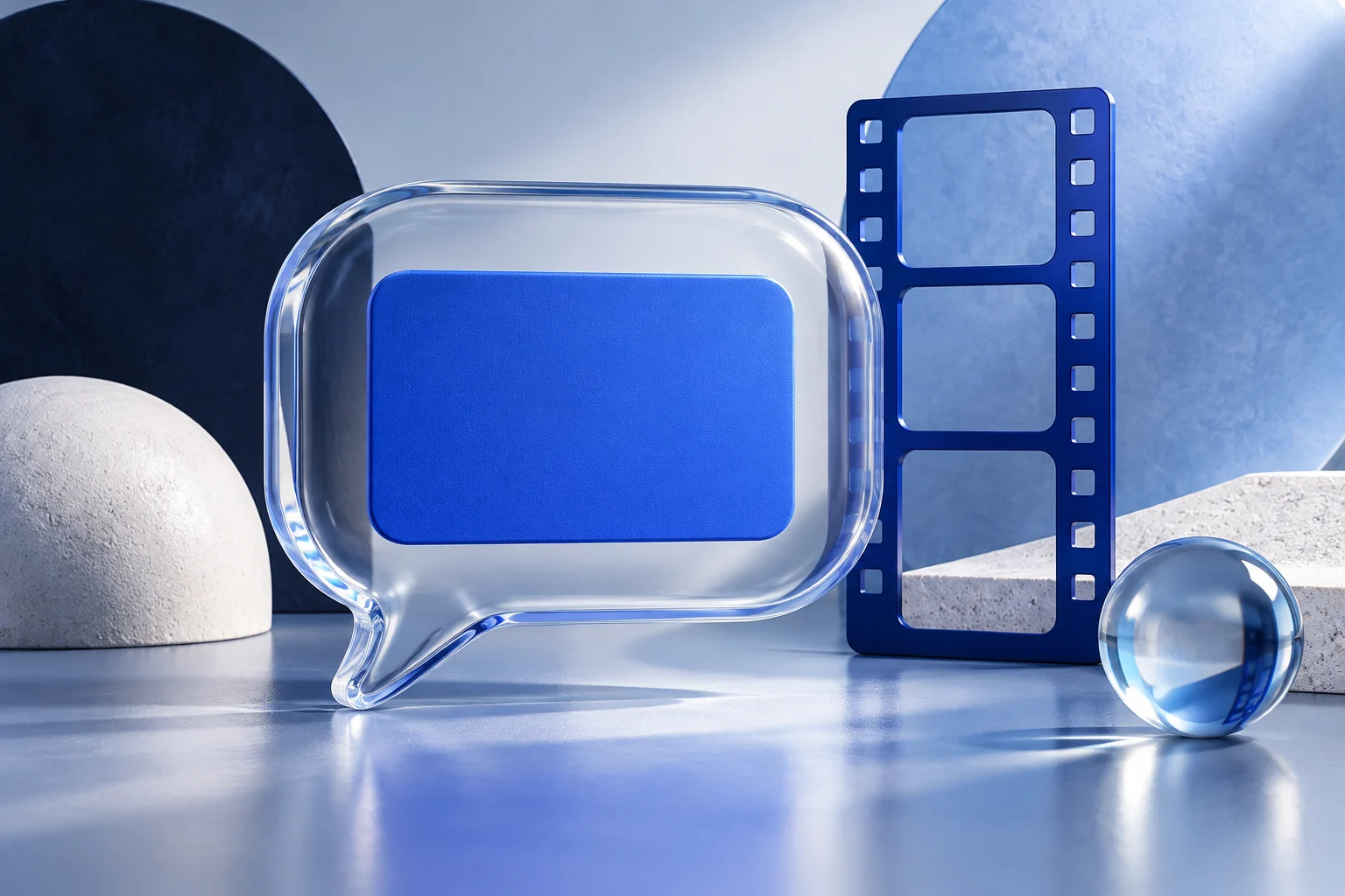 A clear glass conversation bubble beside a cobalt filmstrip frame.
