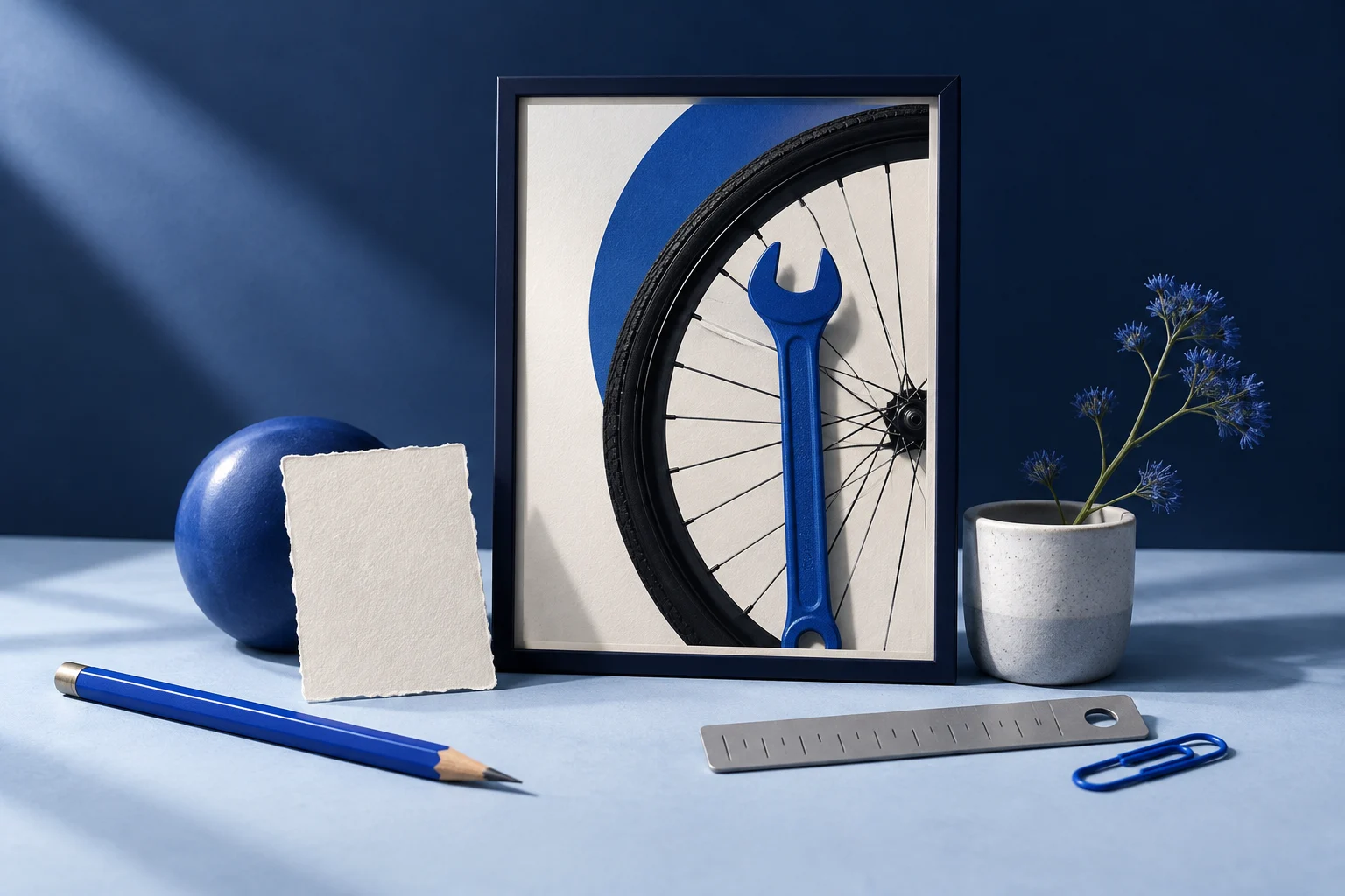 A rough note and production tools beside a framed bicycle image, representing one idea becoming a short video.