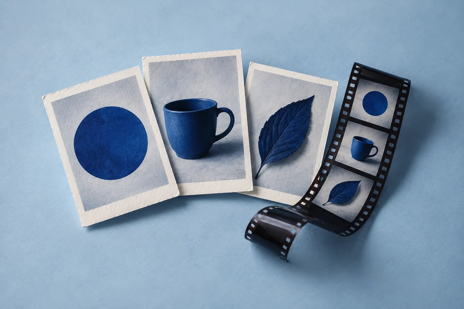 Separate blue image prints beside a film strip showing the same subjects.