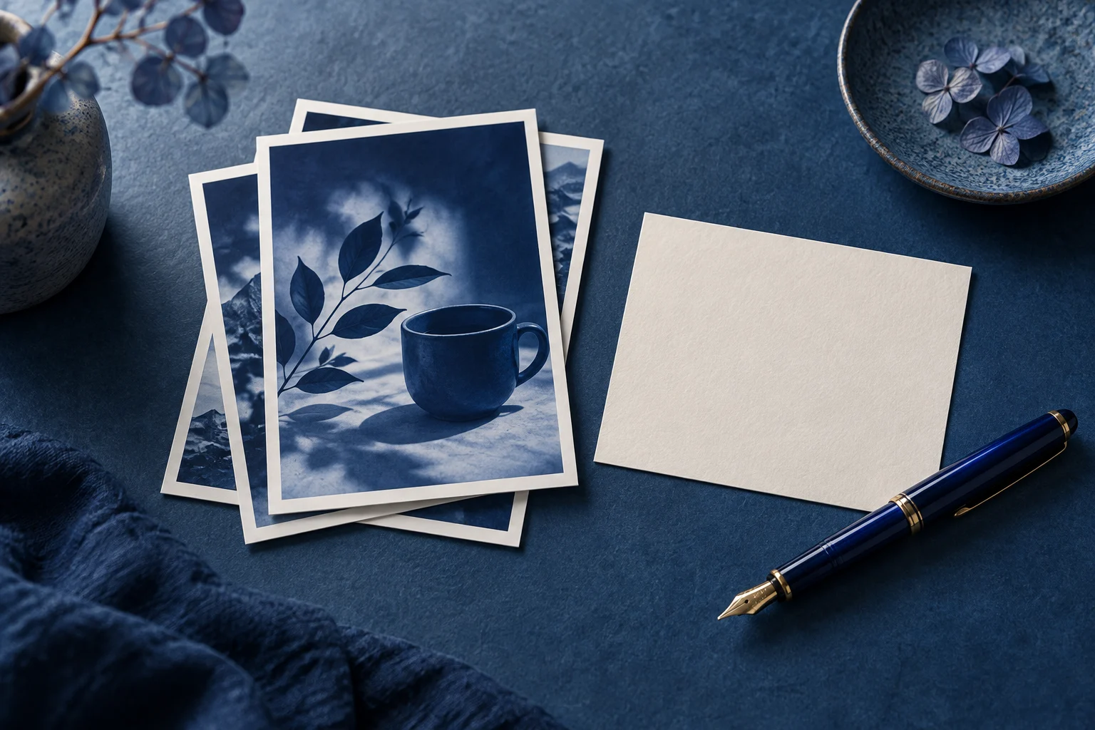 A stack of blue photographic prints beside a separate blank note card and pen.