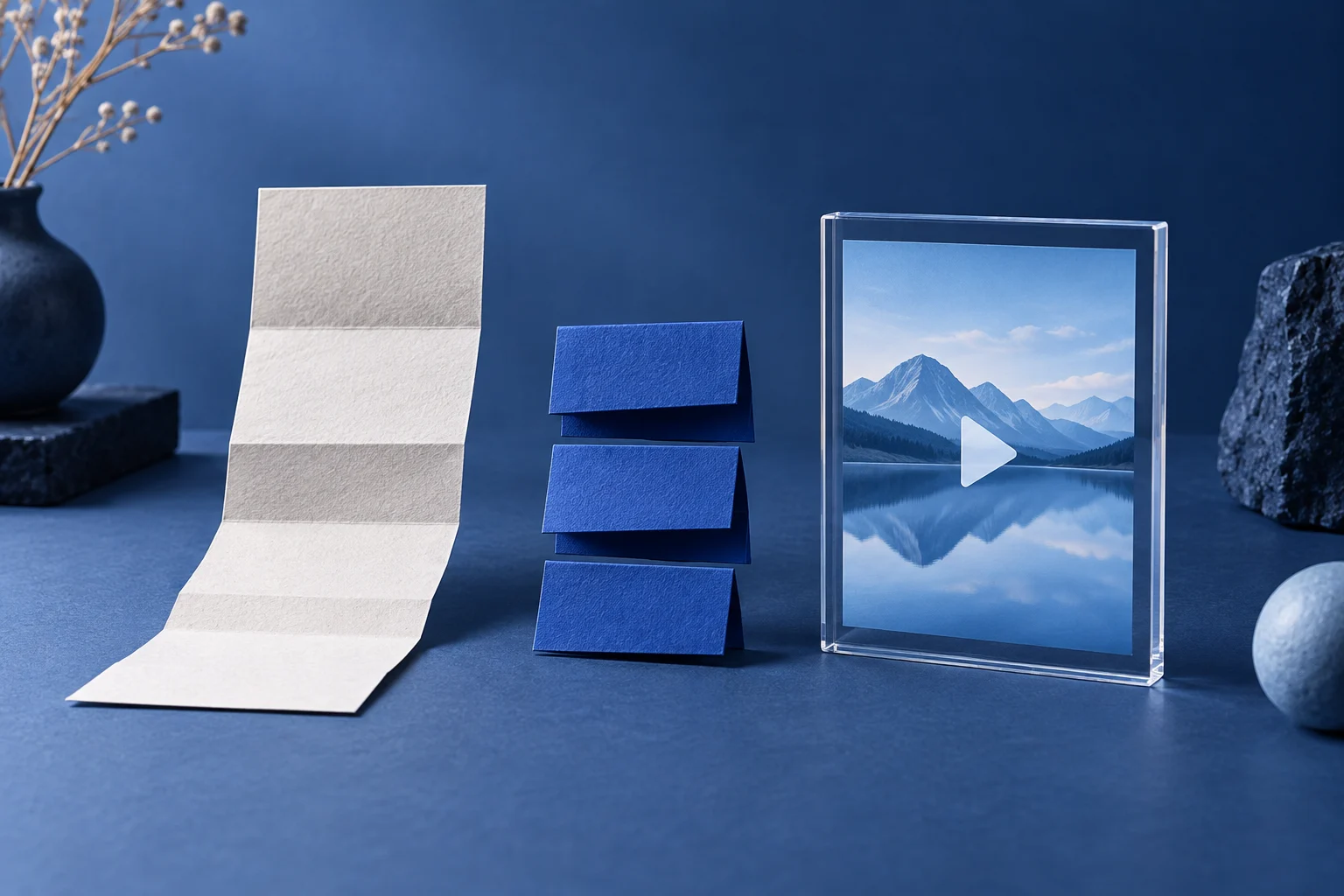 A long folded paper note and three short blue strips beside a portrait video frame.