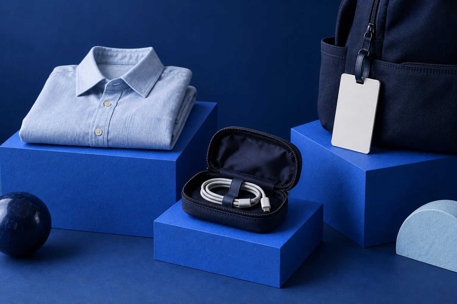A folded shirt, charging cable pouch and blank work pass on separate blue blocks.