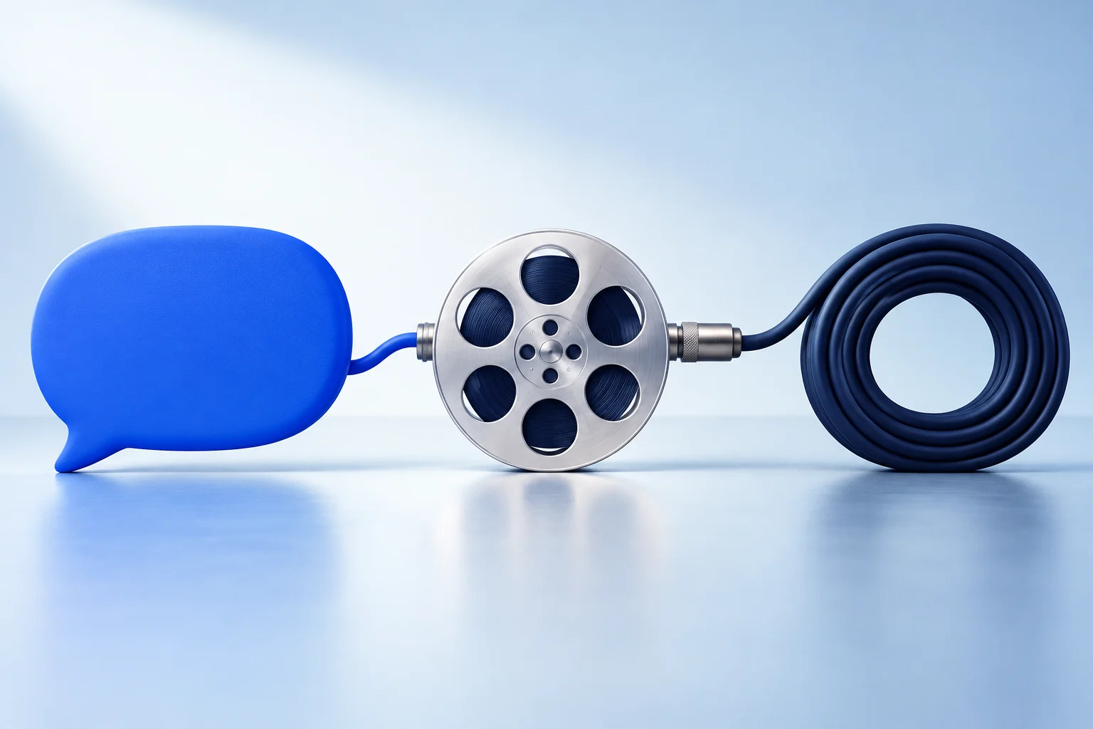 A cobalt conversation bubble and a coiled navy cable connected to the same film reel.